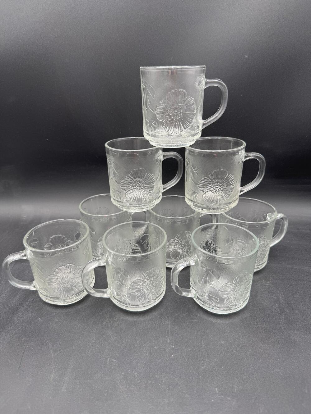 Set/9 Mugs KIG Malaysia Hibiscus and Tropical Leaf Clear Floral